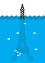 Eiffel Tower Flood. deluge in Paris. Plenty of water and fish.