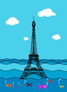 Eiffel tower flood. France attraction underwater.Disaster in Par