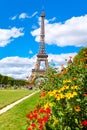 The Eiffel Tower and flowers on a beautiful summer day in Paris Royalty Free Stock Photo