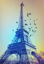 Eiffel Tower with flying birds in retro style Royalty Free Stock Photo