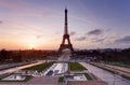 Eiffel Tower and fountain at Jardins du Trocadero at sunset, Par