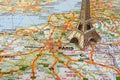 Eiffel tower on france map Royalty Free Stock Photo