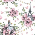 The Eiffel Tower, a Frenchwoman with a bicycle, garlands of flags, hearts and pink anemone flowers with eucalyptus