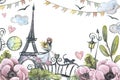 Eiffel Tower with girl, lantern, bridge and flowers. Watercolor illustration in sketch style with graphic elements Royalty Free Stock Photo