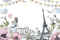 Eiffel Tower with girl, lantern, bridge and flowers. Watercolor illustration in sketch style with graphic elements Royalty Free Stock Photo