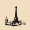 Eiffel Tower hand sketched illustration for greeting card, festive poster etc. Vector travel icon. Paris view landscape. Royalty Free Stock Photo
