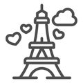 Eiffel Tower with heart line icon, valentine day concept, romance travel sign on white background, Paris as symbol love