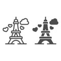 Eiffel Tower with heart line and solid icon, valentine day concept, romance travel sign on white background, Paris as