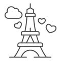 Eiffel Tower with heart thin line icon, valentine day concept, romance travel sign on white background, Paris as symbol