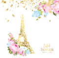 Eiffel tower icon with Golden confetti falls isolated over white background and blooming spring flowers in the bottom.