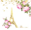 Eiffel tower icon with Golden confetti falls isolated over white background and blooming spring flowers in the bottom.