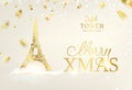 Eiffel tower icon with Golden confetti falls isolated over white background and sign Merry Xmas.