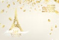 Eiffel tower icon with Golden confetti falls isolated over white background and sign Paris Eiffel Tower France. Royalty Free Stock Photo