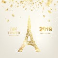 Eiffel tower icon with Golden confetti falls isolated over white background and sign Paris Eiffel Tower France.