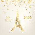 Eiffel tower icon with Golden confetti falls isolated over white background and sign Paris Eiffel Tower France.