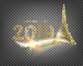 Eiffel tower icon with golden confetti 2019 sign isolated over transparent background.