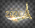 Eiffel tower icon with golden confetti 2020 sign isolated over transparent background.