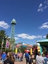 Eiffel Tower at Kings Island, with Planet Snoopy sign. Royalty Free Stock Photo