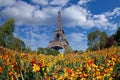 Eiffel tower in the landscape in Paris from the Champ de Mars with a colorful garden and flowers in the foreground Royalty Free Stock Photo