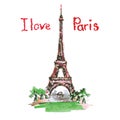 Eiffel tower,lettering,pink hearts.Hand drawn watercolor decor. Royalty Free Stock Photo