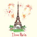 Eiffel tower,lettering,pink hearts.Hand drawn watercolor decor. Royalty Free Stock Photo