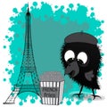 The Eiffel Tower And The Little Crow. Vector Illustration.Cute Little Crow And French Fries.