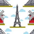 Eiffel tower and Moulin Rouge seamless pattern French architecture