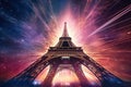 Eiffel tower at night with festive fireworks Royalty Free Stock Photo