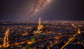 The Eiffel Tower at night under the Milky Way galaxy in Paris, France. Aerial view from Montparnasse Tower. Royalty Free Stock Photo