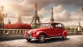 Eiffel Tower with old french red car - Paris