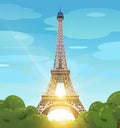 Eiffel Tower in Paris against the blue sky. The sun on the Champs Elysees. Daytime Paris. The daytime sun at the Eiffel Tower. Vec