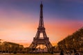 Eiffel tower in Paris at dusk, with sky of various colors. Royalty Free Stock Photo