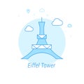 Eiffel Tower, Paris Flat Vector Illustration, Icon. Light Blue Monochrome Design. Editable Stroke