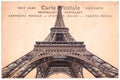 Eiffel Tower In Paris, France, Collage On Sepia Vintage Postcard Background, Word Postcard In Several Languages