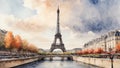 Eiffel Tower Paris, France Oil Painting Wallpaper Illustration Background Watercolor Ink