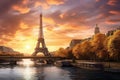 The Eiffel Tower in Paris, France at sunset. Beautiful landscape, Female tourist sightseeing the Eiffel tower and taking pictures