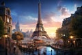 The Eiffel Tower in Paris, France at sunset. Collage, eiffel tower city, AI Generated