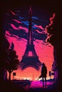 Eiffel Tower in Paris, France in vibrant magenta and orange colors, exotic and unique vertical wallpaper. AI generative