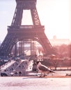 Eiffel tower, paris, france in winter, a snowy day view from Trocadero gulls in Front , romantic city.