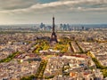 Eiffel Tower in Paris Skyline. Panoramic aerial view of Paris, Eiffel Tower and La Defense business district. Aerial view of Paris Royalty Free Stock Photo