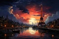Eiffel Tower in Paris at sunset, France. Digital painting. Generative AI Generative AI Royalty Free Stock Photo