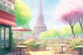 Eiffel Tower in Paris From a Tiny Street. Summer Cafe in Paris. Gentle, Romantic Cityscape. Generative Ai