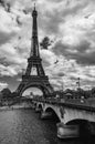 Eiffel Tower & Pont d `Iena - wide angle black and white