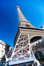 Eiffel Tower restaurant and bar at the foot of the replica Eiffel Tower in Las Vegas. View from bottom to top Royalty Free Stock Photo