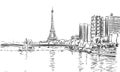 Eiffel Tower and river Seine cityscape vector sketch, landmark of Paris, Hand drawn illustration Royalty Free Stock Photo
