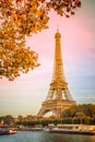 Eiffel tower and the river Seine, yellow automnal trees, Paris France Royalty Free Stock Photo