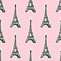 Eiffel tower seamless pattern in white pink grid background. Vector Girlish surface design.