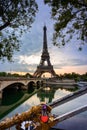 Eiffel Tower by the Seine River in Paris at sunrise. France Royalty Free Stock Photo