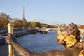 Eiffel tower and Seine river seen in a sunny autumn day from Alexandre III bridge, clear blue sky in Paris Royalty Free Stock Photo