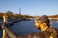 Eiffel tower and Seine river seen in a sunny day from Alexander III bridge in Paris, statue detail Royalty Free Stock Photo